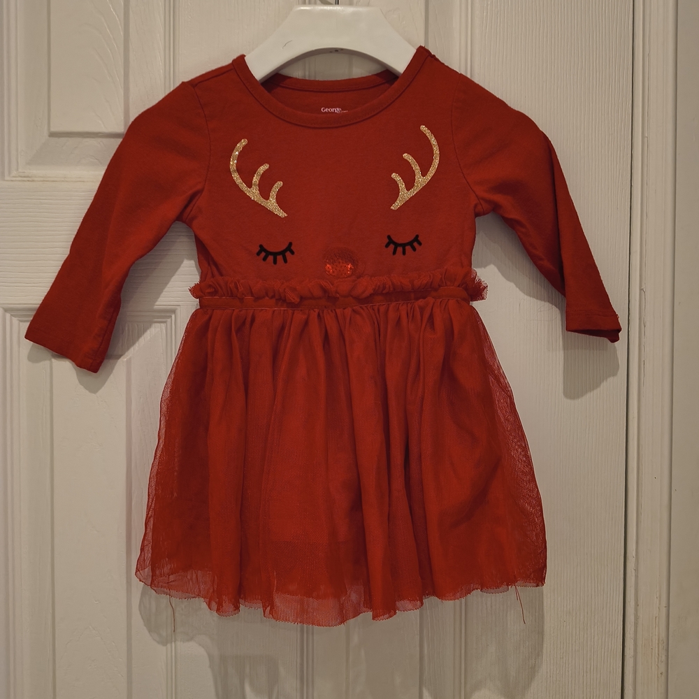 George Red Reindeer Dress with Gold Antler Design